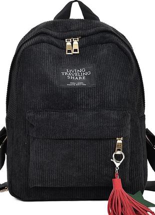 Рюкзак черный вельветовый однотонный велюровый living traveling share с брелком кисточка дт256
