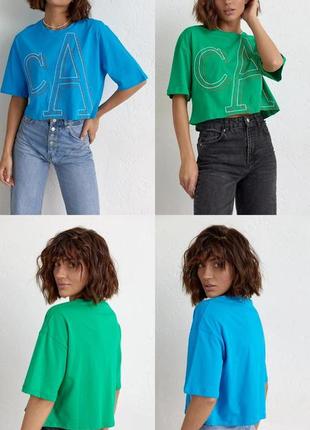Укорочена жіноча футболка модна  синя  зелена l/xl