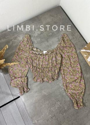 Квітковий топ блуза сорочка резинка з обʼємним рукавом із відкритими плечима з 100% віскоза