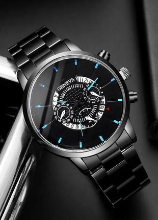 Годинник наручний чоловічий із календарем geneva чорний із синіми стрілками