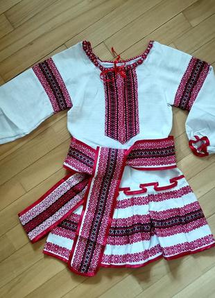 Вышиванка, вышитое платье с поясом (лён+хлопок) на девочку 98-110 см