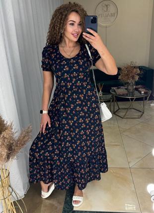 Сукня довга зі штапеля з короткими рукавами бавовняна з пишною спідницею  розкльошена бузкова бірюзова блакитна рожева бежева синя на запах3 фото