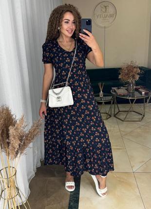 Сукня довга зі штапеля з короткими рукавами бавовняна з пишною спідницею  розкльошена бузкова бірюзова блакитна рожева бежева синя на запах4 фото