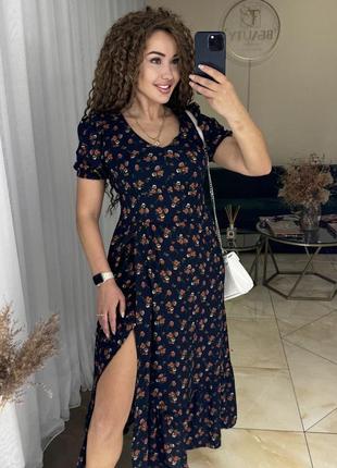 Сукня довга зі штапеля з короткими рукавами бавовняна з пишною спідницею  розкльошена бузкова бірюзова блакитна рожева бежева синя на запах6 фото