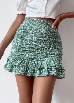 Идеальная летняя юбка с высокой посадкой легкая юбка с цветочным принтом зеленая мини юбка