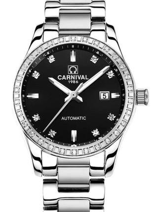 Женские наручные часы механические круглые гарантия 12 месяцев carnival luiza black