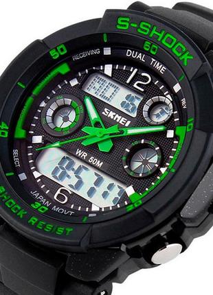 Чоловічі наручні кварцові годинники skmei s-shock green 09313 фото