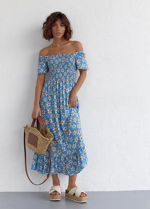 Женское длинное голубое платье с эластичной талией и воланом платье, l, цветочный