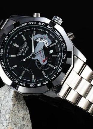 Мужские наручные часы круглые механические металлический браслет гарантия 6 месяцев winner titanium