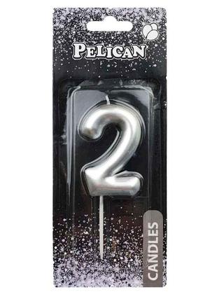 Свічка для торта 2 срібло 6см. 866022 тм pelican