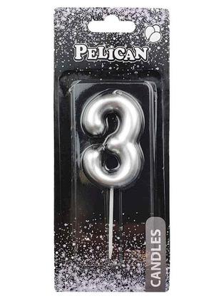 Свічка для торта 3 срібло 6см. 866023 тм pelican