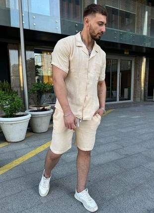 Шорты рубашка мужские костюм мужской летний муслиновый бежевый
