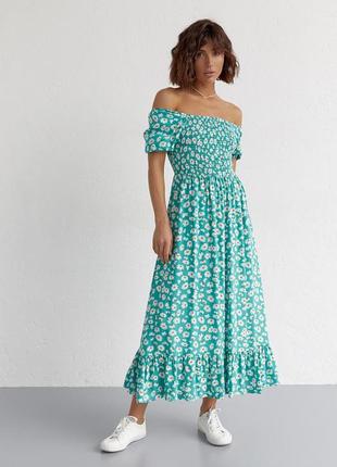Женское длинное изумрудное платье с эластичной талией и воланом платье, l, цветочный