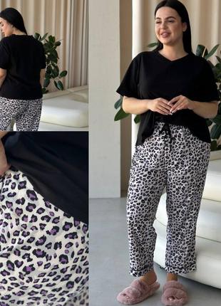 Жіноча літня піжама великих розмірів футболка і штани домашній костюм одяг для дому фіолетовий леопард