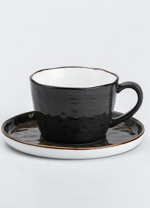 Чашка із блюдцем керамічна 200 мл для чаю кава чорна `gr`