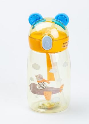 Детская бутылка для воды с трубочкой 500 мл с трубочкой с крышкой флип топ "медвежонок" желтая `gr`