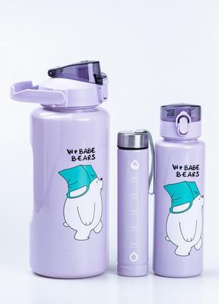 Багаторазова пляшка для води набір 3 в 1 панда з напувалкою та ручкою 0.3(л) 0.7(л) 2(л) фіолетовий `gr`