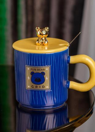 Чашка з кришкою та ложкою 300 мл керамічна "ведмедик" синя `gr`