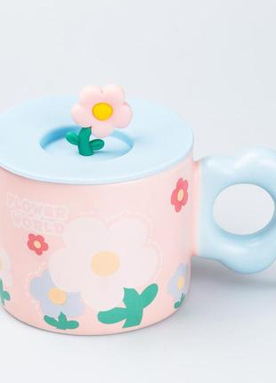 Чашка с крышкой 300 мл керамическая "цветок" розовая `gr`