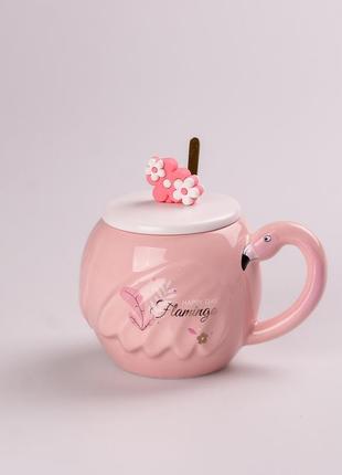 Чашка керамическая 500 мл фламинго с крышкой и ложкой `gr`