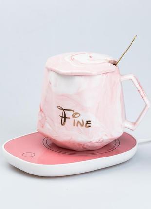 Чашка керамічна з кришкою 400 мл з підставкою для підігріву рожева `gr`