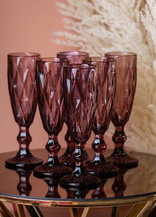 Бокал граненый из толстого стекла фужеры набор бокалов для шампанского 6 штук розовый `gr`