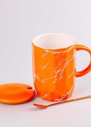 Чашка керамічна мармур 420мл з кришкою та ложкою чашка з кришкою чашки для кави `gr`