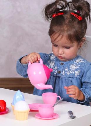 Набір посуду для чаювання 7259 технок чайник чашки блюдця ложки десерти пластикова іграшка для дітей