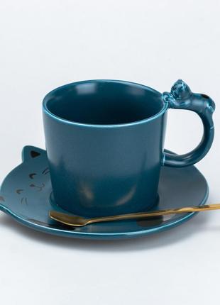 Чашка с блюдцем и ложкой керамическая 250 мл "котик" синяя `gr`