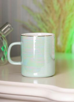 Чашка керамическая glaze 420мл в зеркальной перламутровой глазури кружка для чая с крышкой бирюзовый `gr`