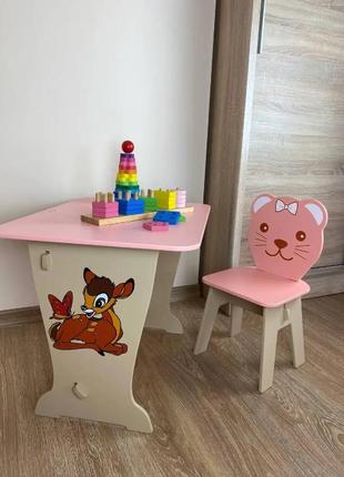 Набір стіл та стул медведик рожевого кольору