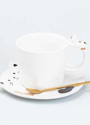 Чашка с блюдцем и ложкой керамическая 250 мл "котик" белая `gr`