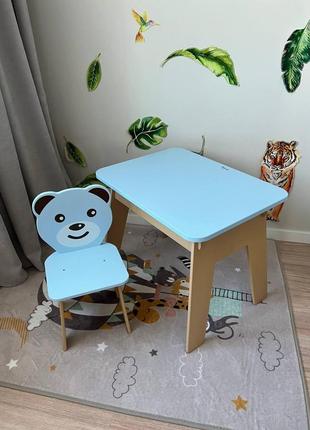 Дитячий блакитний столик з відкидною стільницею та зі стульчиком