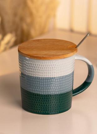 Чашка с бамбуковой крышкой и ложкой керамическая 350 мл зеленая `gr`