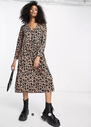 Свободное платье миди с длинными рукавами и пуговицами asos design с леопардовым принтом