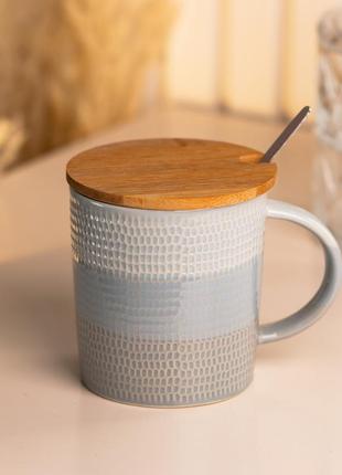 Чашка с бамбуковой крышкой и ложкой керамическая 350 мл серая `gr`