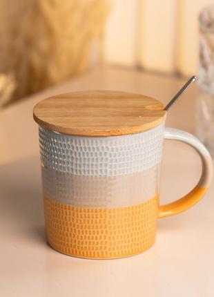 Чашка с бамбуковой крышкой и ложкой керамическая 350 мл оранжевая `gr`