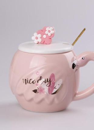 Чашка керамическая flamingo 500мл с крышкой и ложкой чашки для кофе nice day `gr`