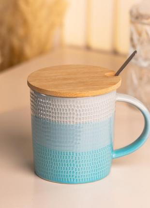 Чашка с бамбуковой крышкой и ложкой керамическая 350 мл голубая `gr`