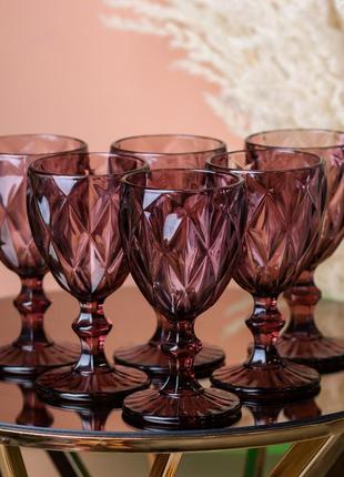 Бокал для вина граненый из толстого стекла фужеры для вина 6 шт розовый `gr`