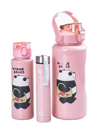Багаторазова пляшка для води набір 3 в 1 панда з напувалкою та ручкою 0.3(л) 0.7(л) 2(л) `gr`