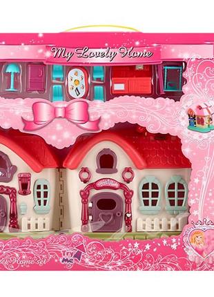 Кукольный дом, розовый с куклами, мебелью музыкой, светом my lovely home