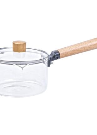 Стеклянная прозрачная каструля с деревянной ручкой кастрюля 1 литр