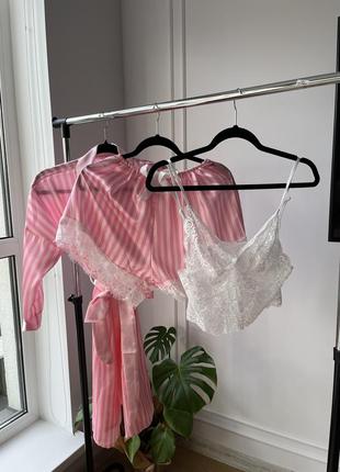 Розовый комплект пижама (топ, шорты,халат)