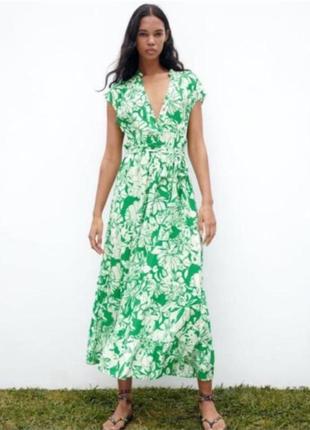 Платье миди зеленого цвета в цветочный принт zara s
