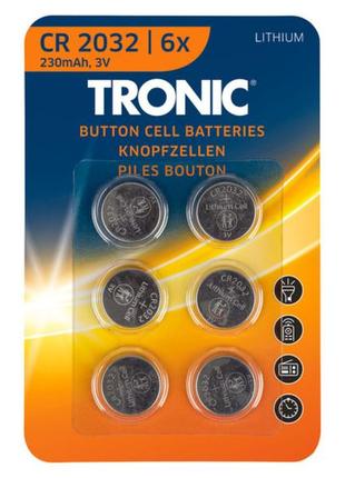 Батарейки tronic cr 2032 lithium, 3v, 6 шт., таблетка cr 2032