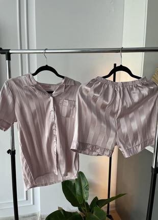 Розовый комплект пижама в полоску (рубашка с коротким