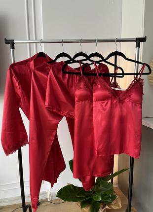 Красный полный комплект пижама (халат, пеньюар, майка, штаны, шорты)