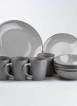 Столовый сервиз посуды на 4 персоны, 3 вида тарелок+чашка, серого цвета,16 предметов
