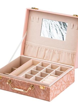 Шкатулка-органайзер с ручкой для хранения/транспортировки ювелирных изделий и бижутерии,розовая,24х19х8 см